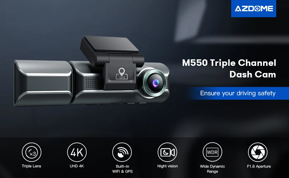 AZDOME M550 3 камеры 2K 1080P Автомобильная камера wifi gps Поддержка 24 часов мониторинг парковки автомобиля черная