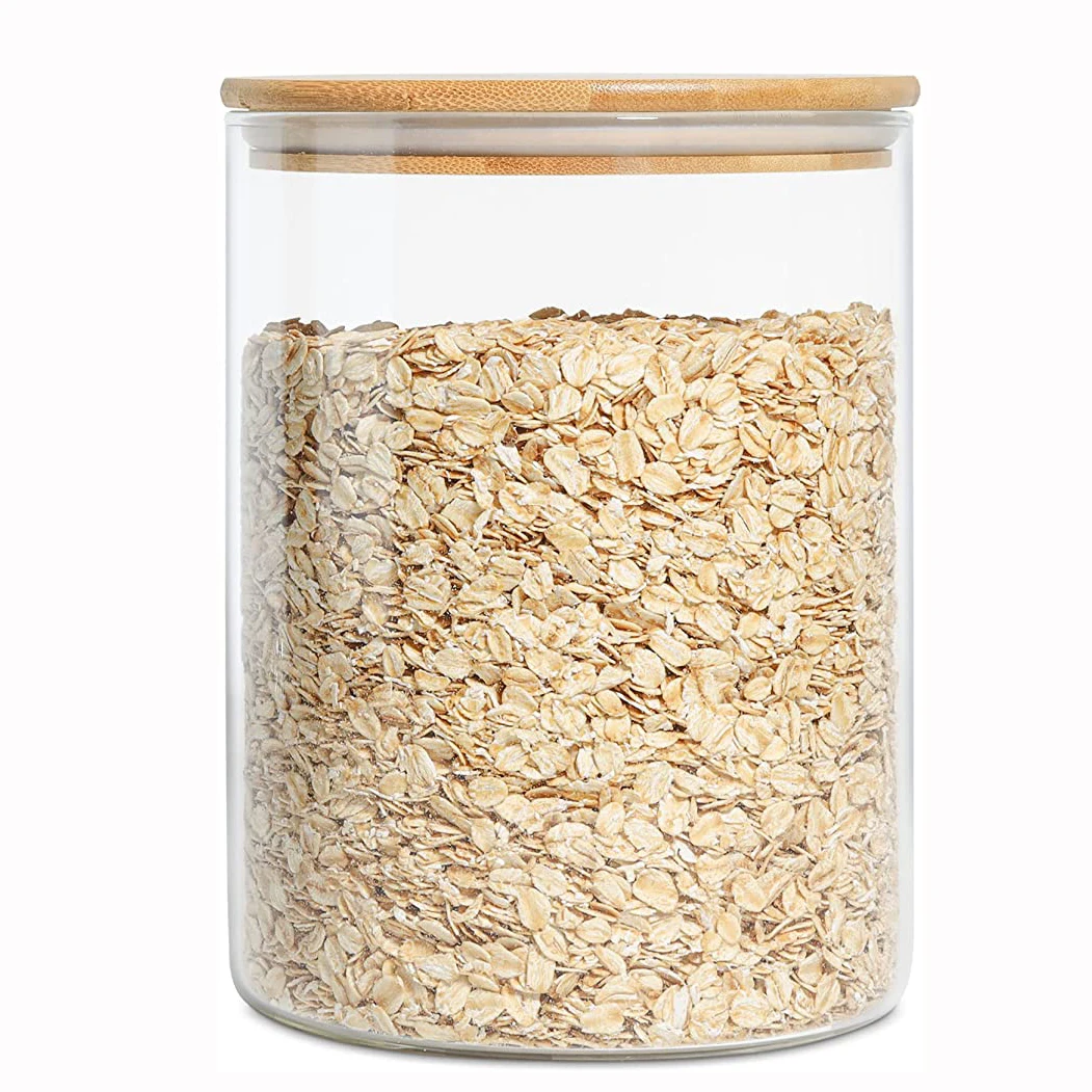 set of 2 Glass Food Storage Container with Bamboo Lid Clear Glass Food Canister for kitchen  Access Glass Jar