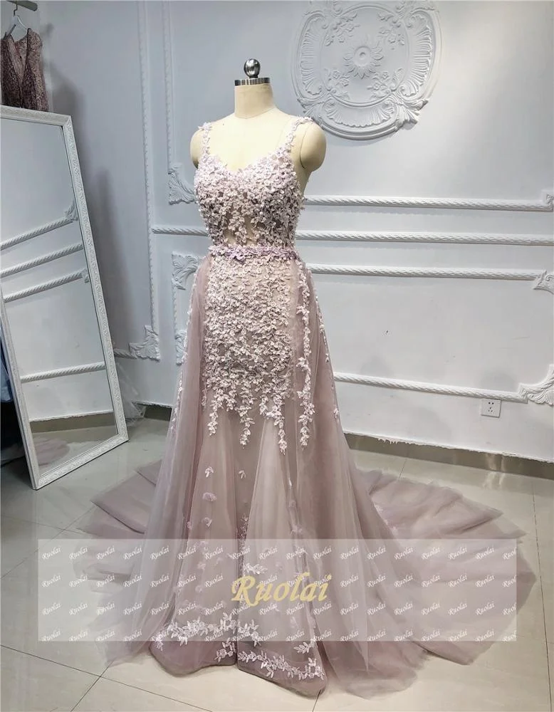 Ruolai OEV-L4293 Spaghetti Strap 3D Flowers Beaded Crystal Mermaid Long Evening Dresses with Removable Skirt