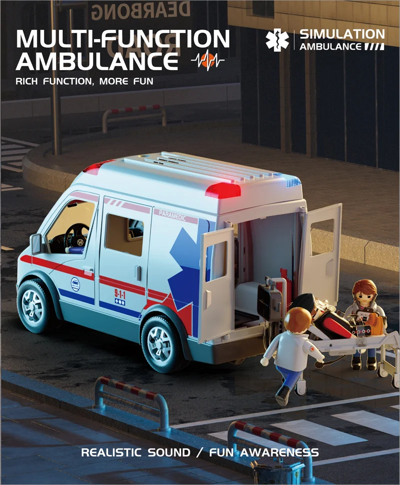Simulation ambulance plastic car model and building block doll can open the door and light and sound