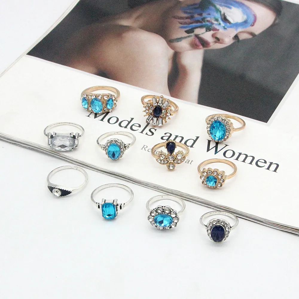 Aug jewelry wholesale 11-piece set ring gold and silver two-color exaggerated diamond sapphire zircon retro joint ring