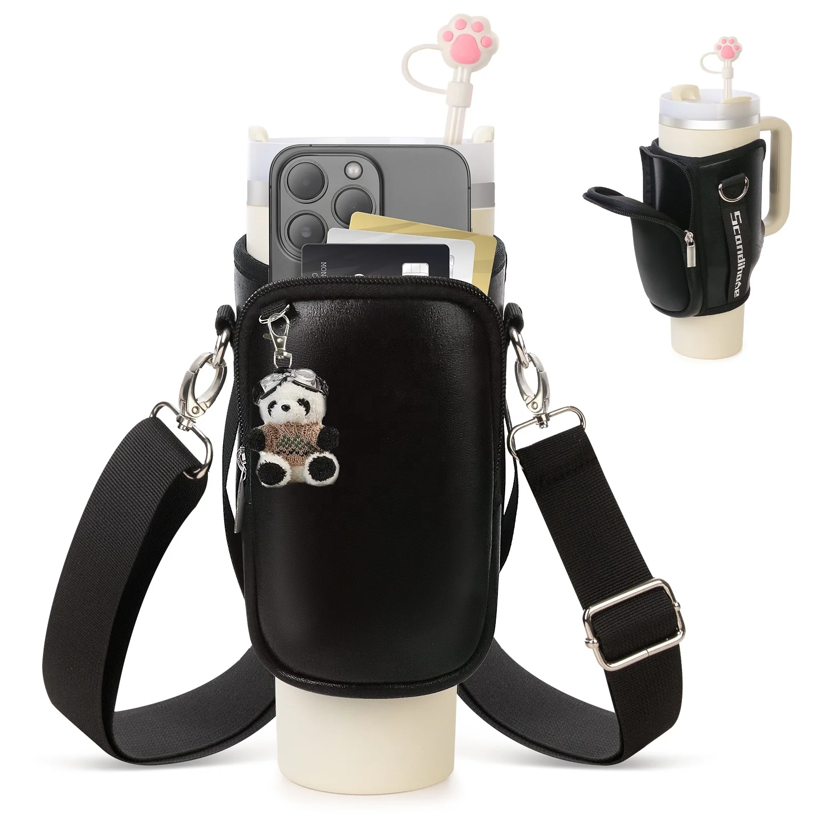 Adjustable Strap Neoprene 40oz Water Bottle with Mobile Phone Bag Pocket Bottom Hollow Design for Cooler Bags