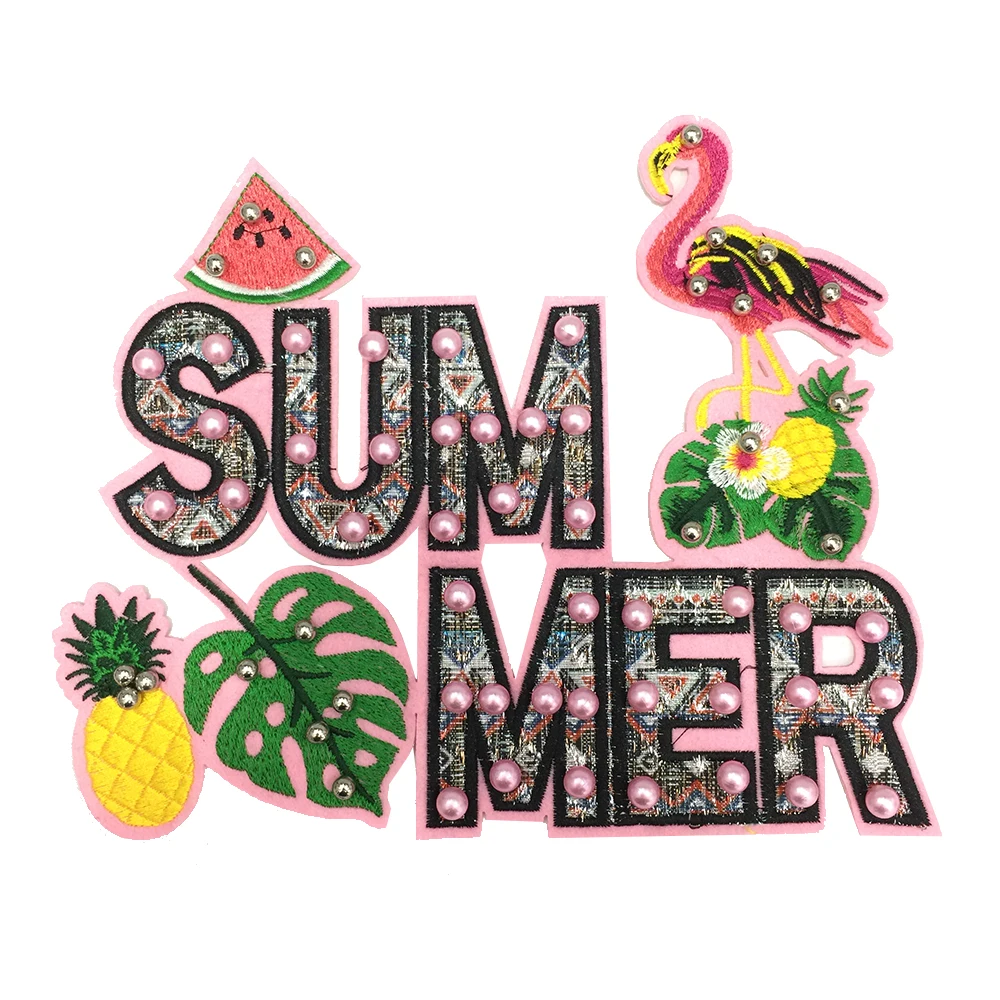 High Quality Iron On Flamingo Flower Pearls Handwork Sequins Embroidery Patches