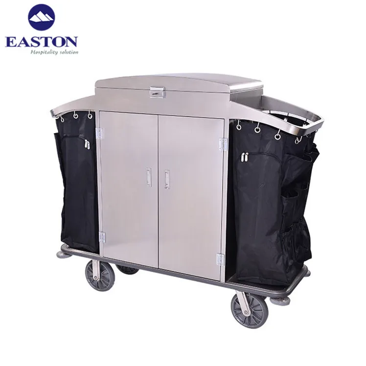 2 durable bags stainless steel housekeeping trolley,maid trolley cart