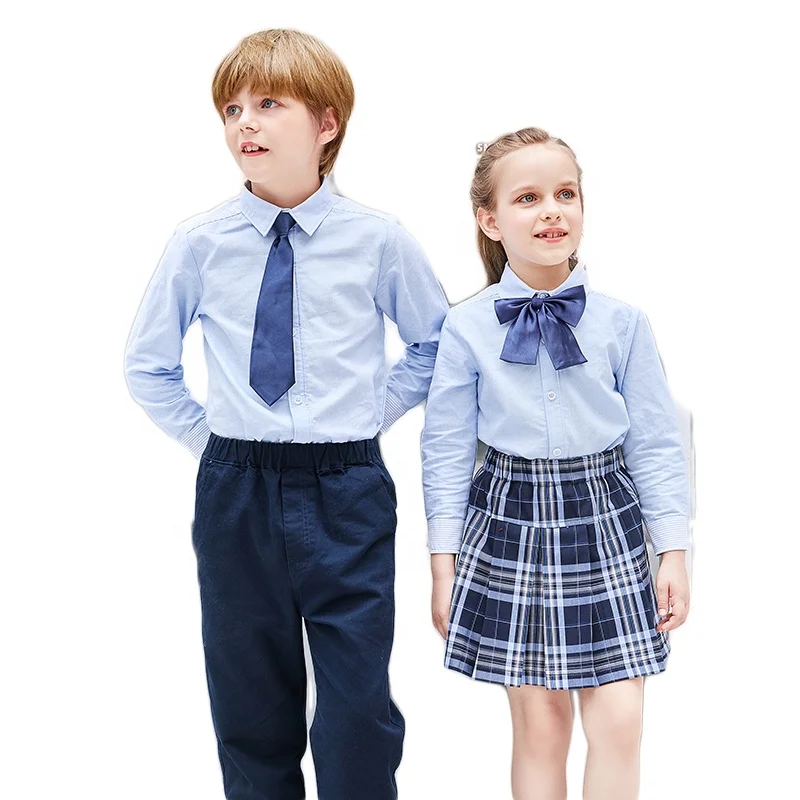 Custom school logo long sleeve shirts primary school uniform sets cotton shirts pleated skirt/trousers/shorts
