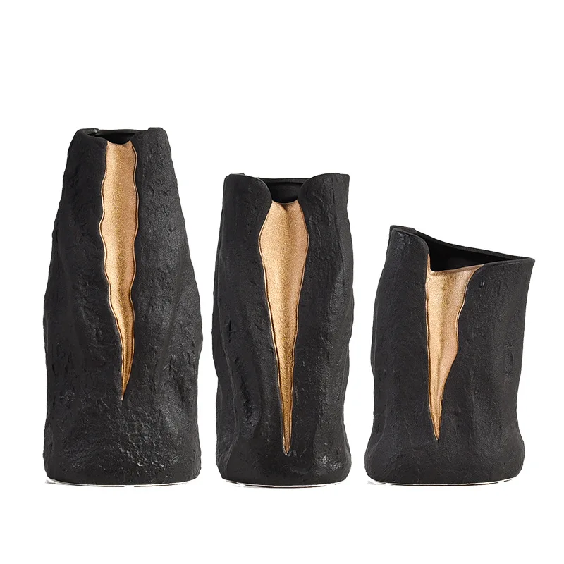 Nordic style art gold crack decorative home flower handmade white black table vase ceramic and porcelain vases for decoration