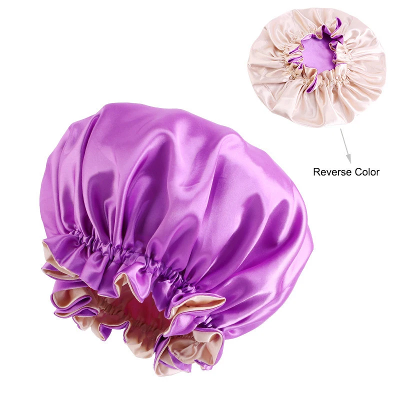 HaoKey Large Satin Bonnet Reversible Night Sleep Hat Double Sided Layer Shower Cap Solid Color Women Satin Hair Bonnet
