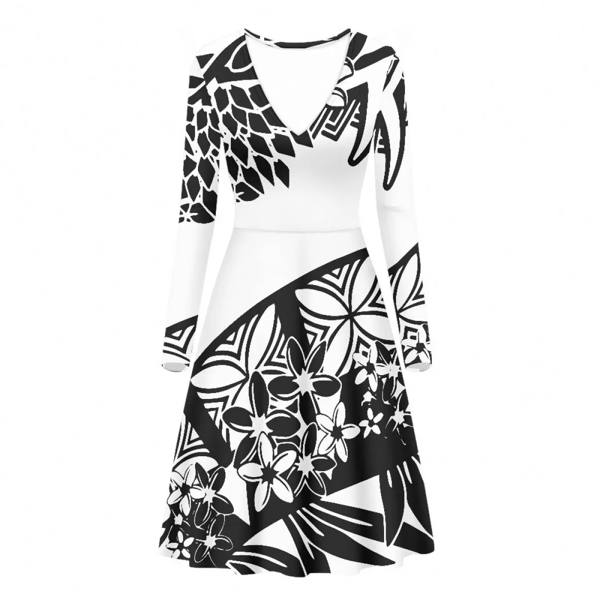Elegant Casual Long Sleeve V-neck Dress Polynesian Tattoo Totem Hibiscus Print Leave Print Custom Holiday Dresses For Women