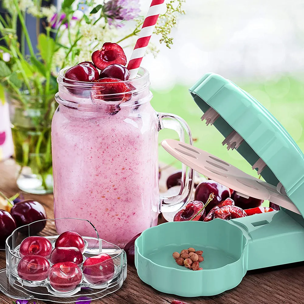 Cherry Pitter - Professional Olive Pitter Tool, Cherry Stone Remover with Pit and Juice Container, 6 Cherries At Once