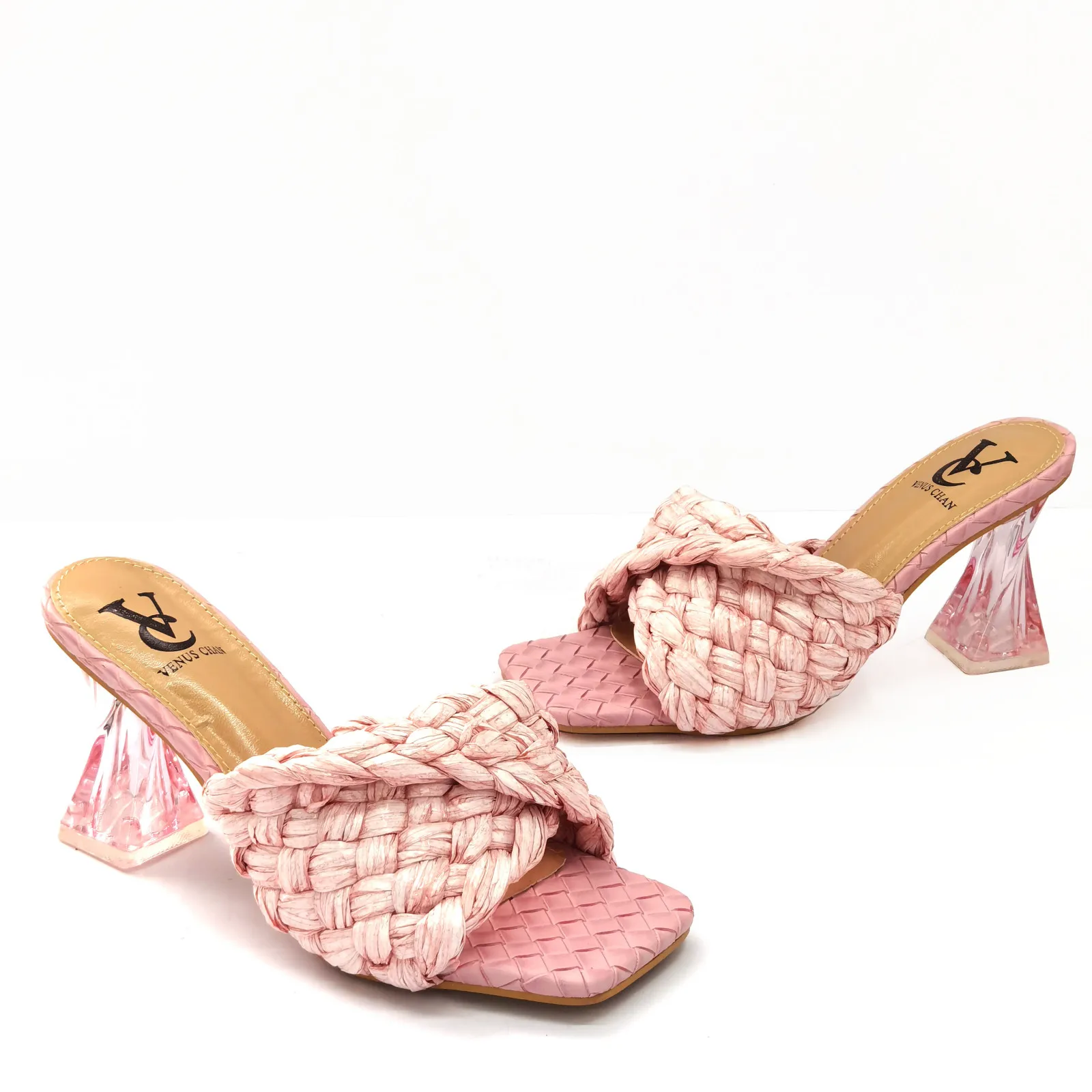 Factory wholesale printed flower pu pointed toe high heel sandal shoes women