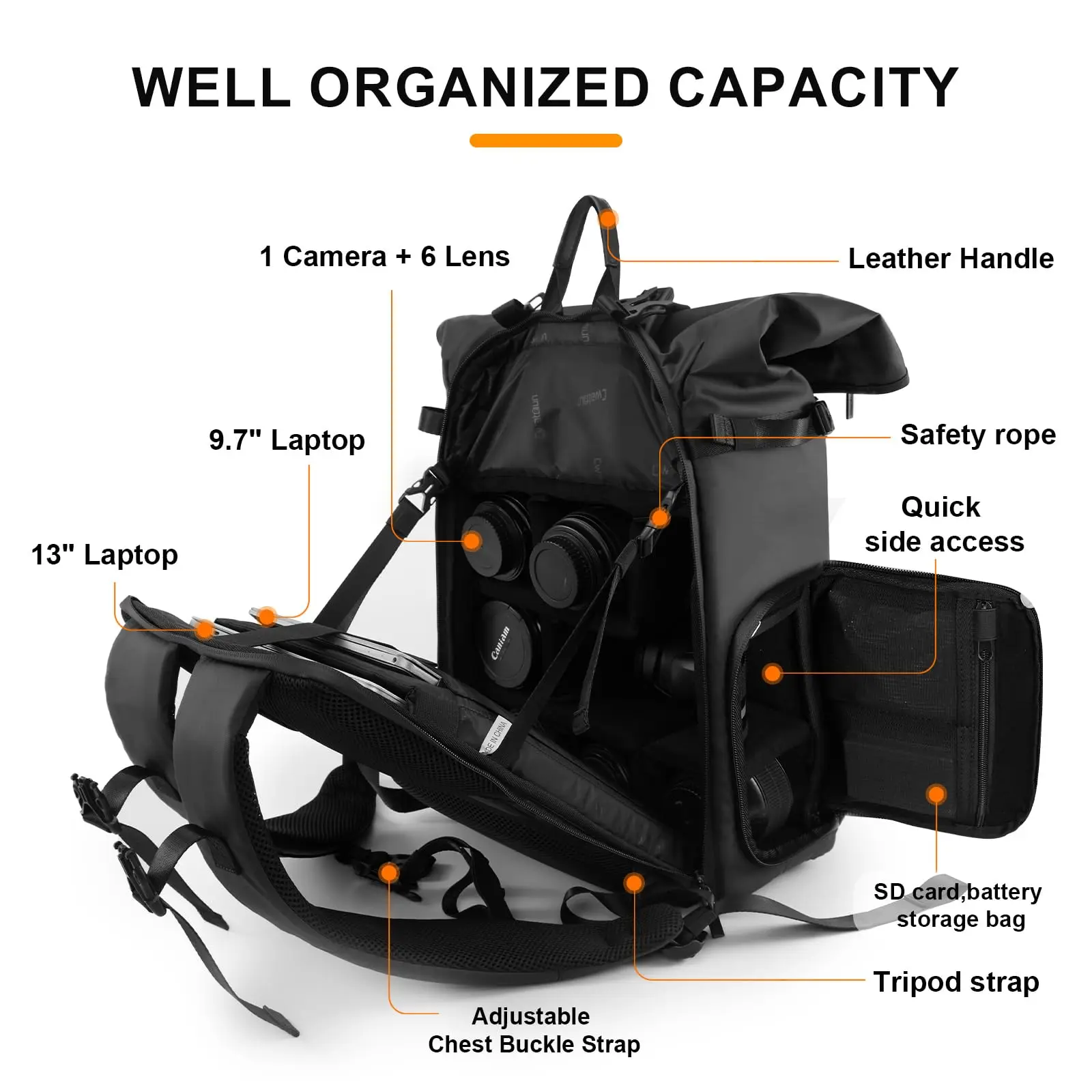 D113 Roll Top Waterproof Large Breathable Photography Professional Leather Travel Dslr Slr 13'  15.6' Laptop Camera Backpack
