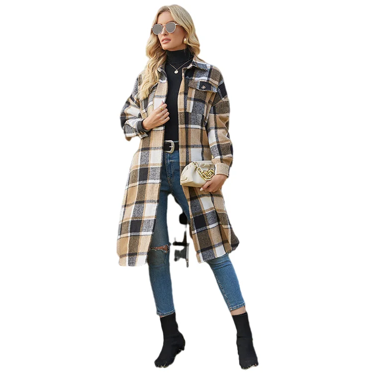 2021 Autumn Wholesale Long Sleeve Ladies Plaid Woolen Coat with Pocket Jacket Woman Jacket plaid trench coat