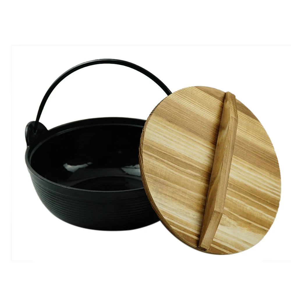 Pre-Seasoned Cast Iron Soup Pot Stew Pot Japanese Sukiyaki Pot with Wood Cover