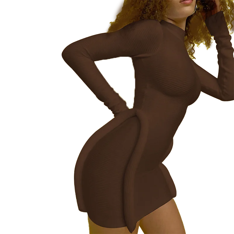 Knitted Stitching Mini Dress Women Hipster Skinny Three-dimensional Decoration Long Sleeve Turtleneck Streetwear Bodycon Dress