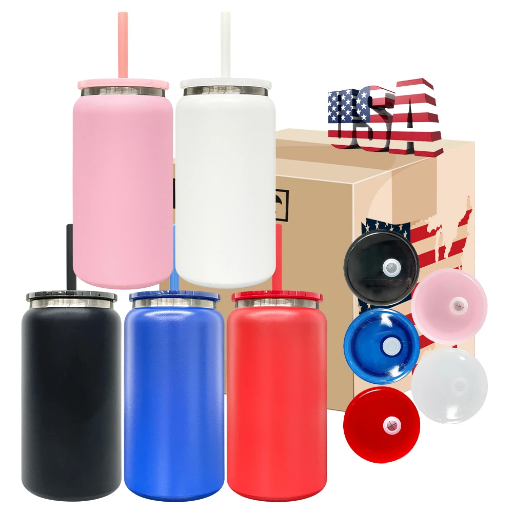 USA warehouse black plated underneath powder coated colored stainless steel double walled 16oz soda beer can