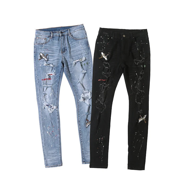 
OEM wholesale new model jeans men skinny ripped blue denim embroidery track jeans 