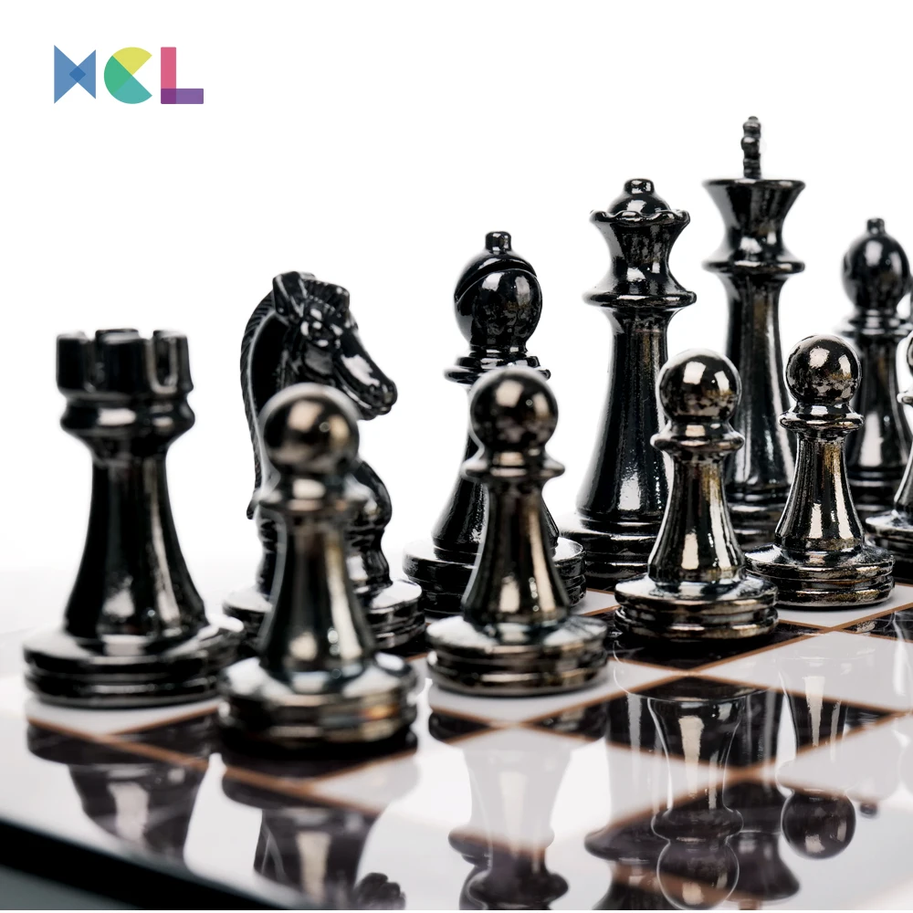 XCL Wholesale High-Grade Metal Chess Gold Black 29*29cm Zinc Alloy Chess games Set Marble Pattern Chess Board