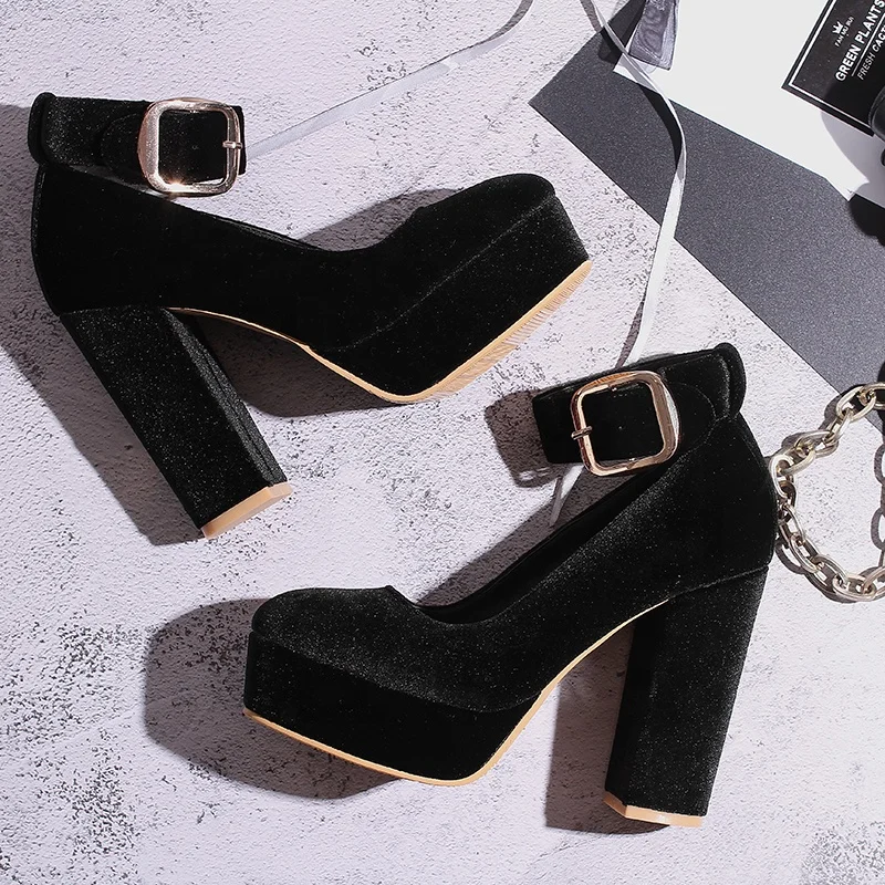 
Blue Navy Velvet Chunky Platforms Sole Mary Jane Block High Heels Shoes 