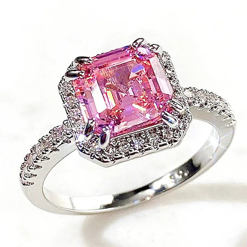 CAOSHI Charm Women Engagement Wedding Ring 925 Silver Plated Enchanted Princess Cut Pink Gem Stone Ring
