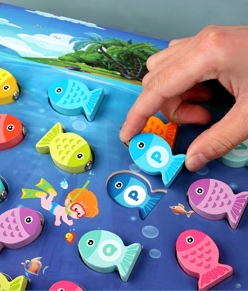 Baby Puzzle Board Teaching Aids Eco Friendly Educational Toys Set Fish Magnetic Wooden Fishing Toy Game
