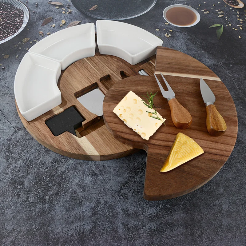 Wholesale round natural acacia wood cheese serving board with 3pcs knife fork cutlery tools and ceramic bowl
