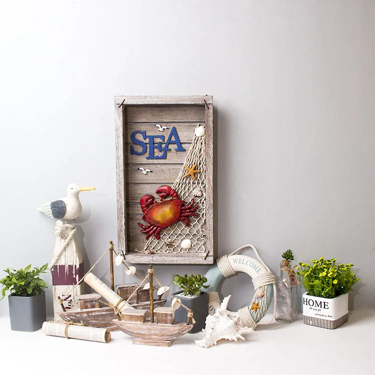 
Home Wall Decorative Frames Antique Solid Wood 3D Crab Plaque Hanging Beach Plaque 
