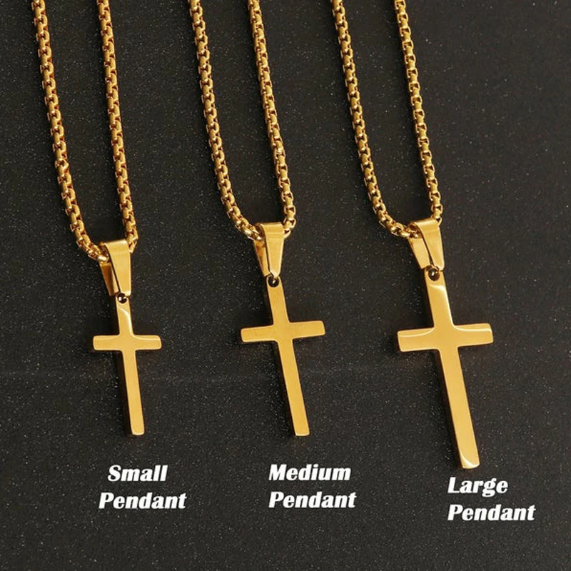 Street Wear Men Plain Crucifix Necklaces Stainless Steel Small Medium Large Cross Necklace Gold Cross Pendant With Box Chain