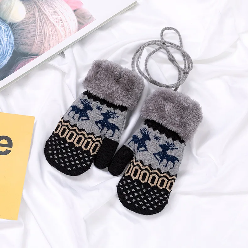 Full Finger Kids Gloves Winter Warm Knitted Mittens Plush Thicken Christmas Gloves For Infant Boys Girls