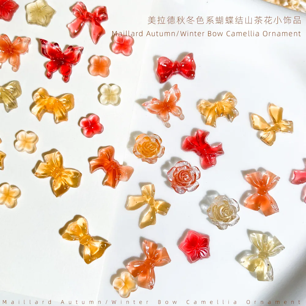 Vintage Autumn Maillard Resin Bow Nail Charms Camellia Flower Butterfly Decoration Mixed Nail Accessories