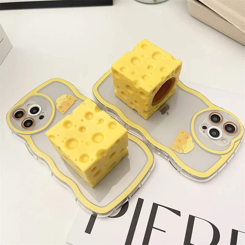 3D Cheese Mouse Toys Bracket Stand Phone Case For iPhone 13 12 11Pro Max XR XS Max Soft Silicone Cute Covers