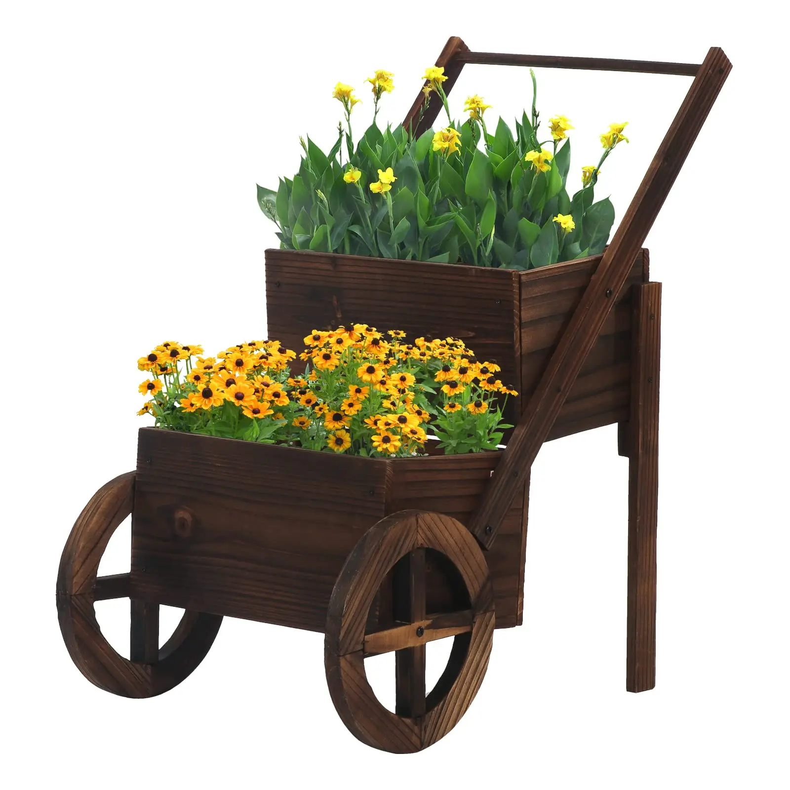 Hot Selling Outdoor Natural Wooden Wagon Cart Flower Box with Two Wheels Garden Planters for Patio Backyard Deck Balcony Decor