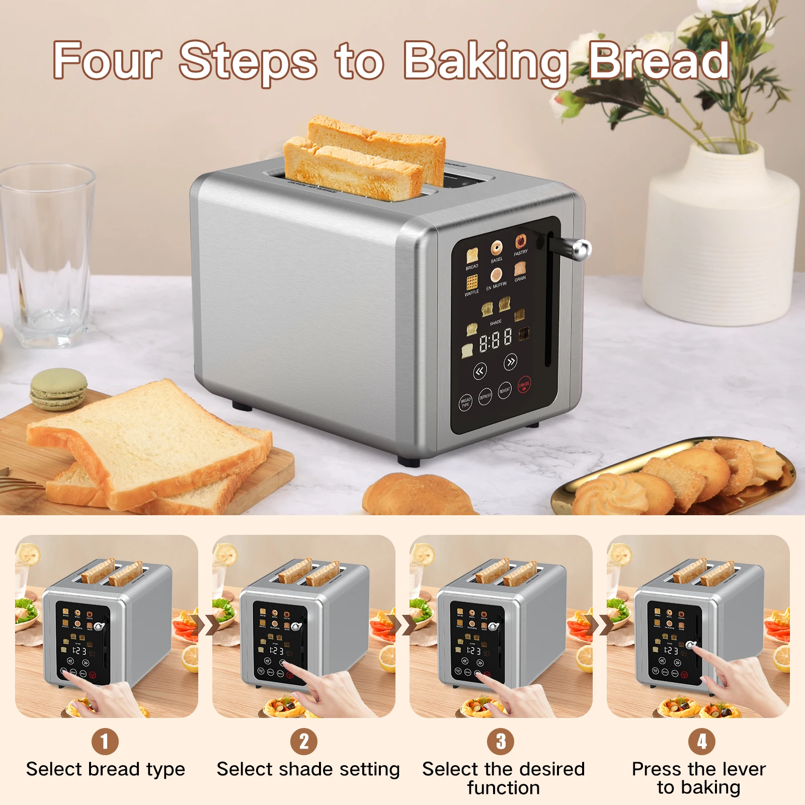 ONSON New Style 2-Slice Stainless Steel Electronic Toaster Manual Bread Sandwich Toaster with Automatic Feature