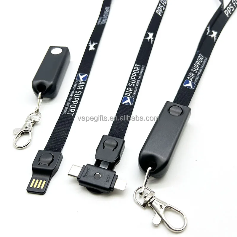 High Quality Polyester Lanyard for Android Type-C & iPhone USB Custom 3-in-1 Storage & Charging Data Cable