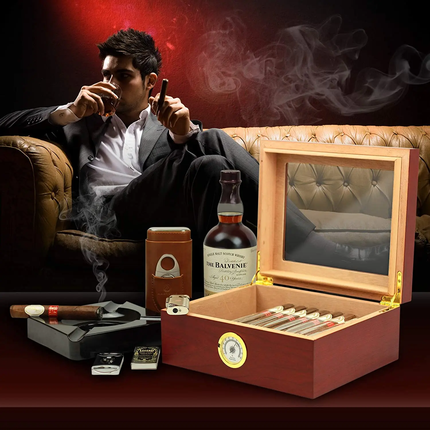 Cigar Humidor Luxury Tempered Glass Top Display Custom Packaging Wood Humidor Cigar Tobacco Case Box With Hygrometer