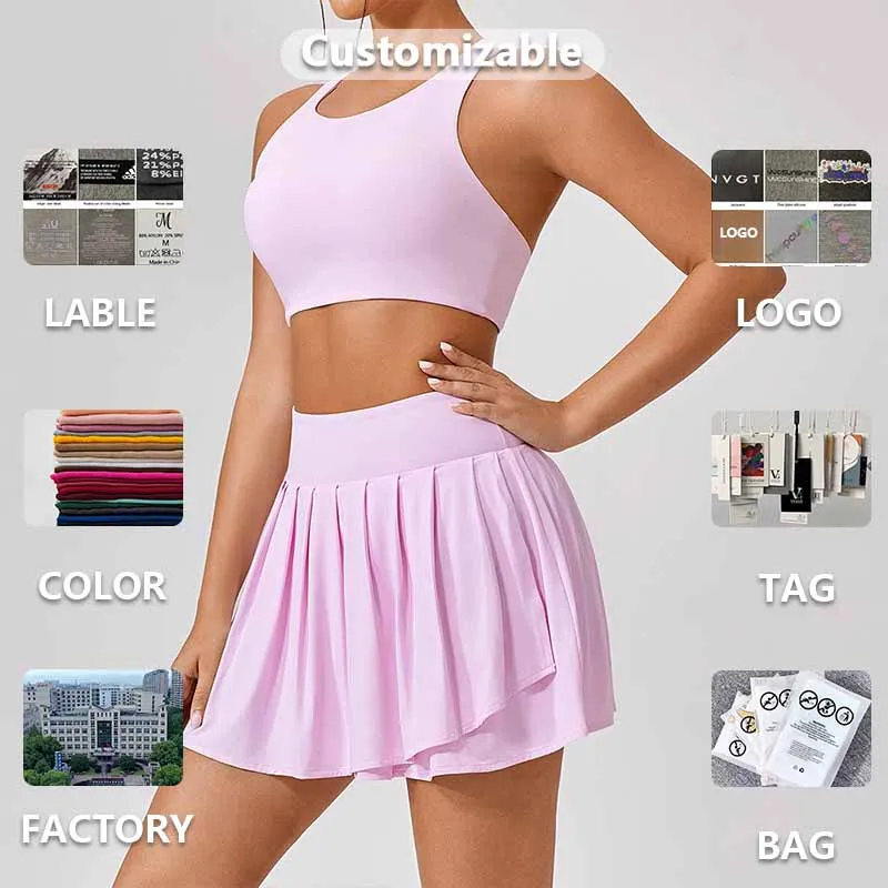 XW-YW306+KW309 Wholesalers Comfortable Beach Gym Fitness Backless Padded Bra Yoga Tennis Skirt Set Women