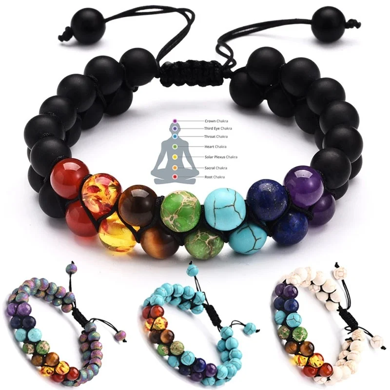 7 Chakra Beads Lava Rock Gemstone Bracelet 8mm Double Layer Row Adjustable Unisex Yoga Stone Energy Healing Stone Bracelets