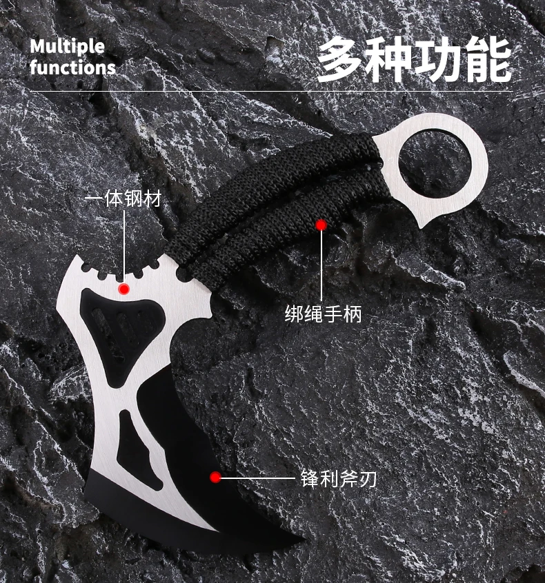 China factory stainless steel survival camping multi tool pick axe hatchet with emergency fiber rope for Wood Splitting