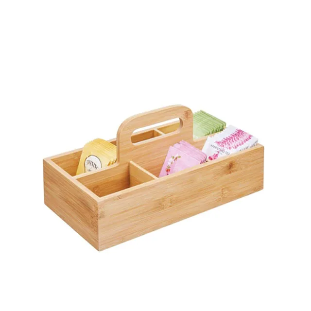 Wood Compact Tea Storage Organizer Caddy Tote Bin - 6 Divided Sections, Attached Handle - Holder for Tea Bags, Coffee, Packets,