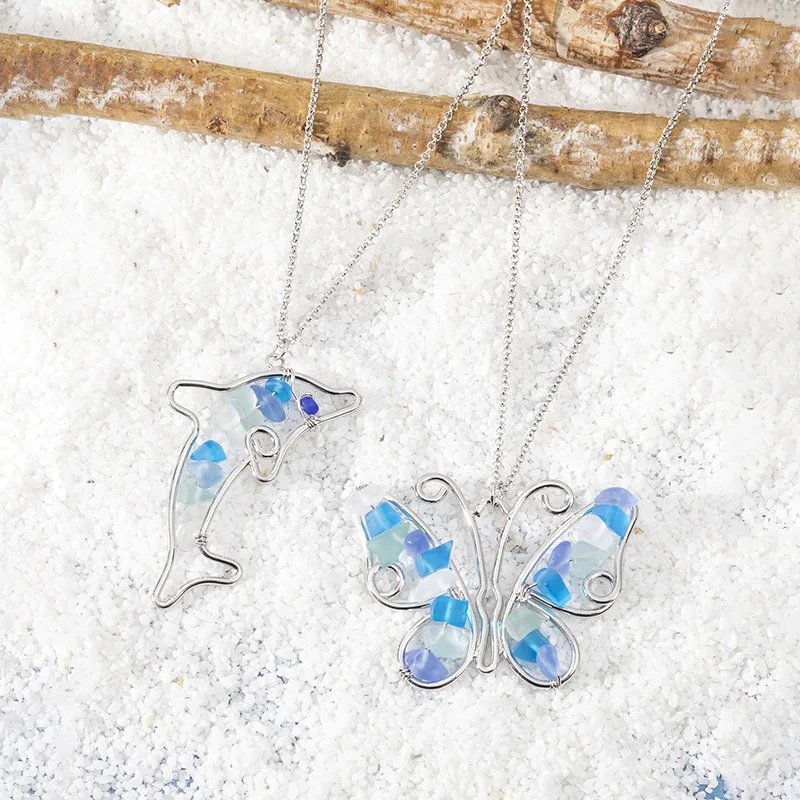 4 Colors Cascade Beach Sea Glass Beads Environmental Butterfly Dolphin Stone Floating Sea Glass Beach Pendant Necklace
