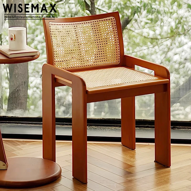 WISEMAX FURNITURE Retro style kitchen furniture solid wood rattan recliner backrest armrest single leisure chairs for restaurant
