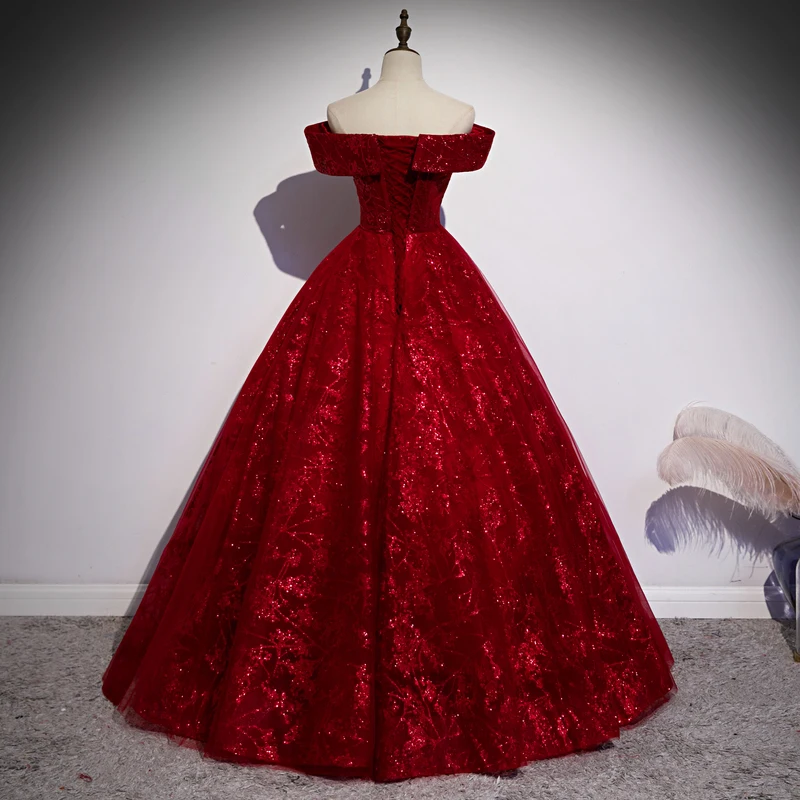 Off Shoulder Red Color Luminous Wedding Dresses Bling Lace Ball Gown Sweet 16 Dress Quinceanera Gowns
