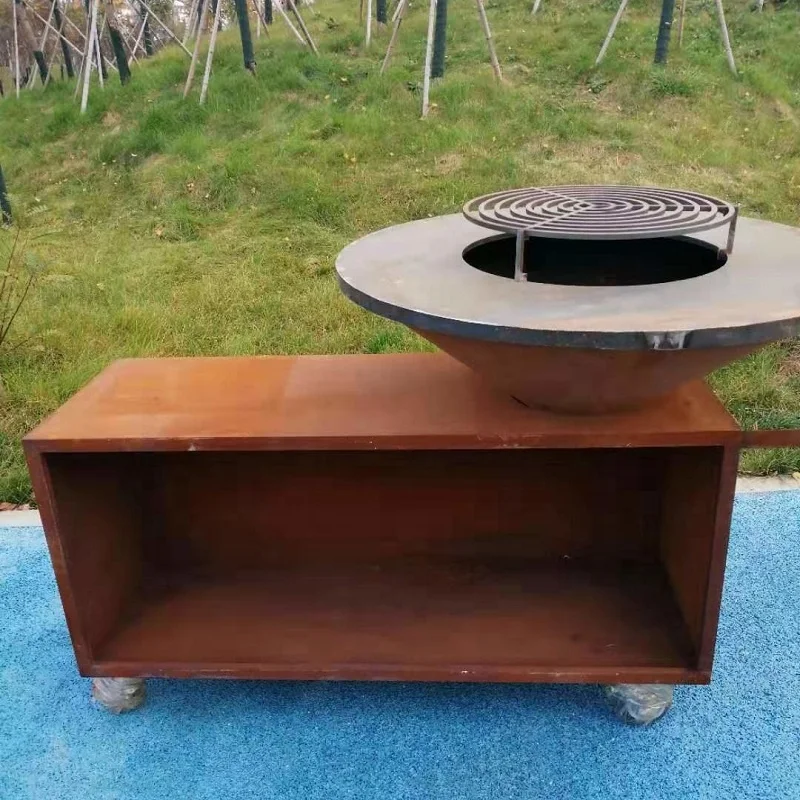 Съемный гриль для барбекю из кортеновой стали с колесами