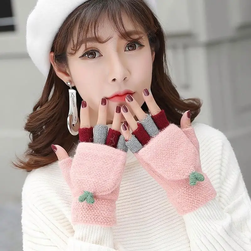 
Knitted Wool Gloves Female Winter Korean Edition Cute Cartoon Student Thicken Warm Half Finger Turn-over Exposed Finger 