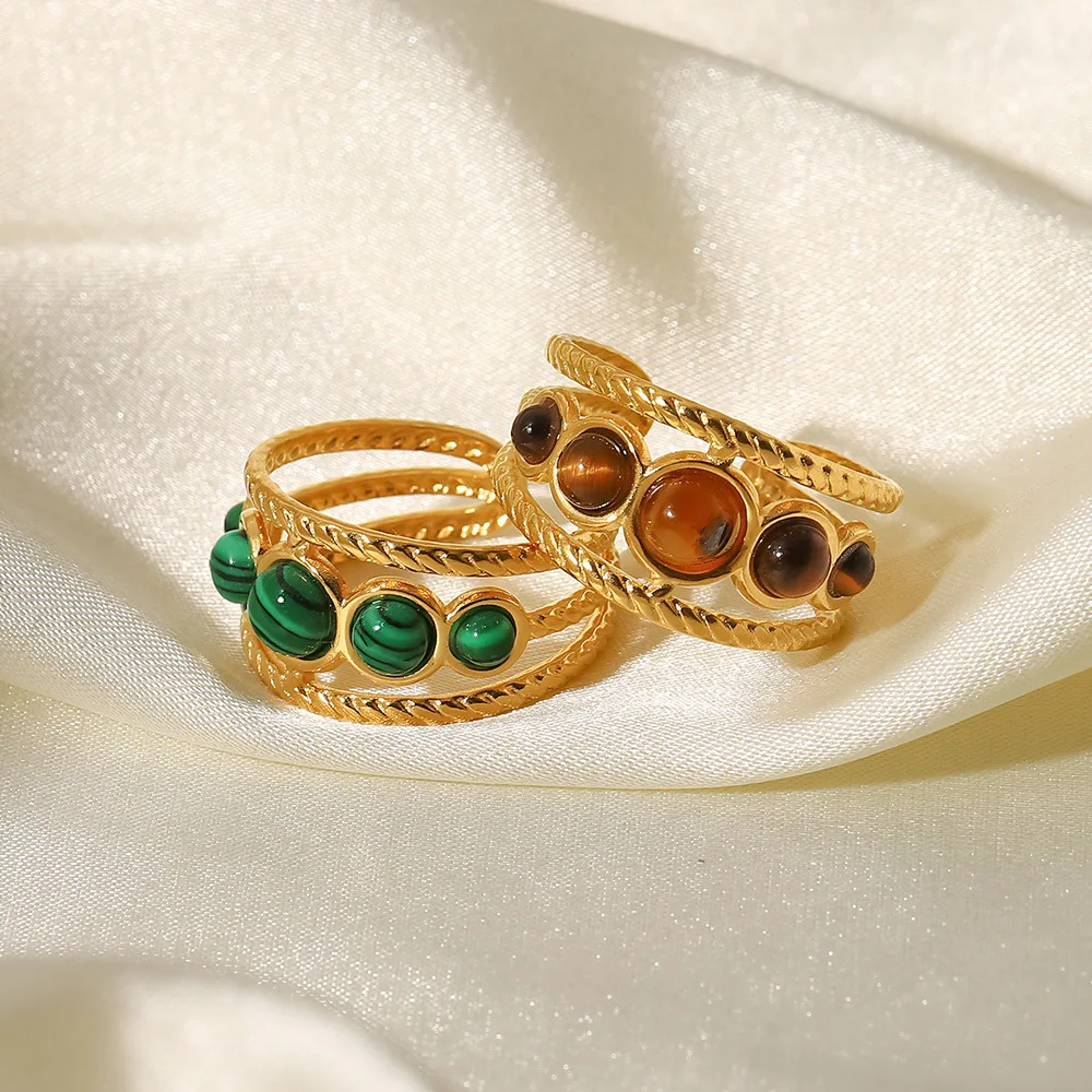 Finger ring three layers five stones natural round tiger eye gold plated adjustable stainless steel rings