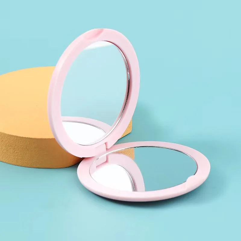 Personalised Fashionable White Round Plastic Cosmetic Double Side Fold Portable Makeup Compact Pocket Mirror