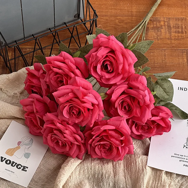 Hot Sale Silk Rose Wedding Flower Bouquet Bulk 9 Heads Silk Rose Bouquet Flowers For Bridal