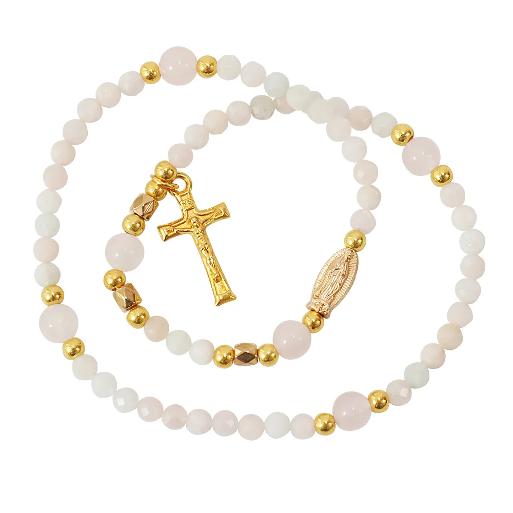 Catholic Adjustable Elastic Handmade 4 mm & 6 mm Rose Quartz Beads 59 Rosary Bracelet with Guadalupe and Crucifix
