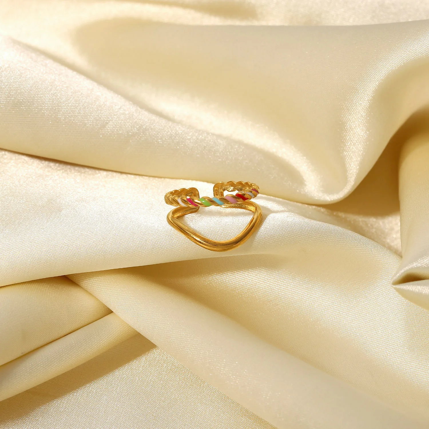 New Cheap Stainless Steel 18k Gold Plated Enamel Colorful Dripping Oil Twist Double Layer Special Shaped Opening Ring