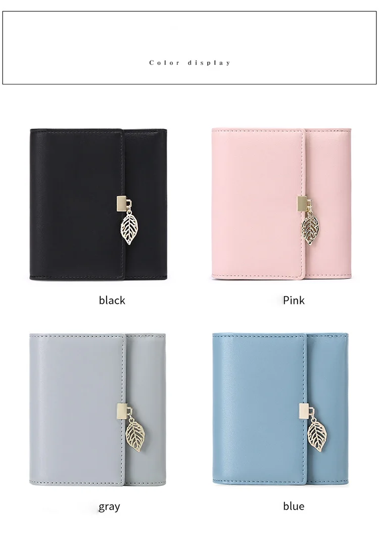 RFID anti-theft brush mini three fold credit card clip PU leather Leaf Pendant zero wallet