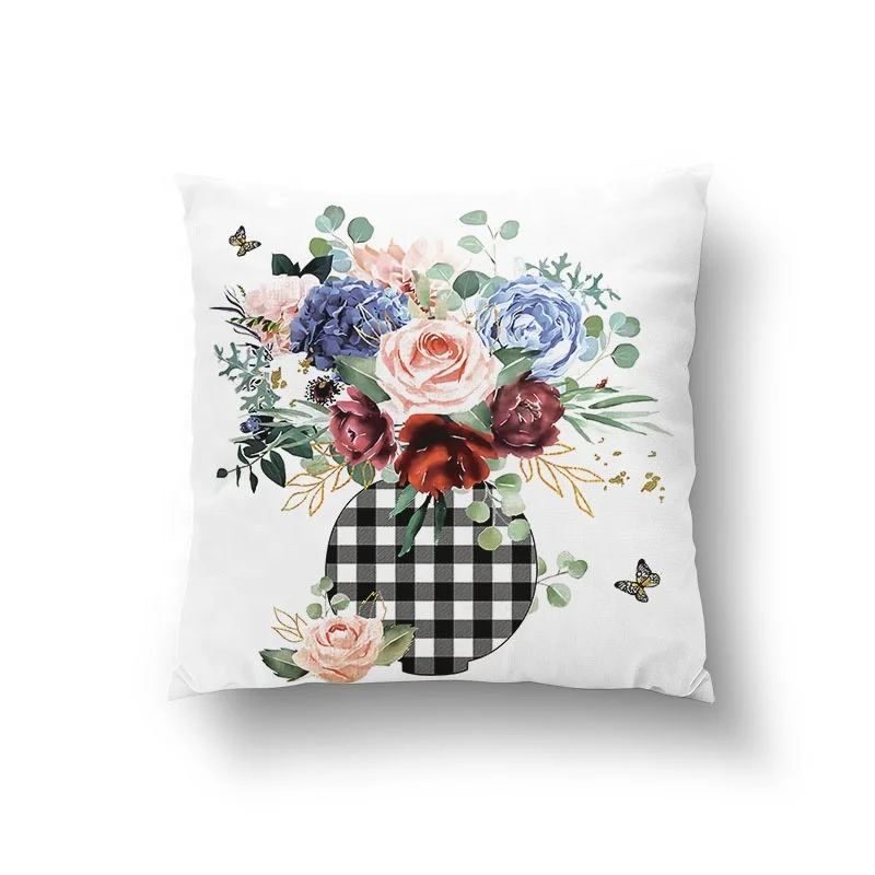 Welcome to the Flower Market Watercolor Flowers Floral Buffalo Plaid Throw Pillow Covers